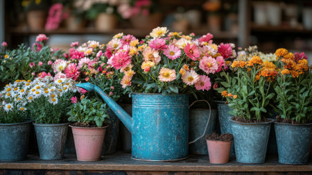 A vibrant arrangement of blooming flowers in pots, highlighted by a blue watering can. The display exudes a cheerful atmosphere, perfect for gardening enthusiasts.の素材