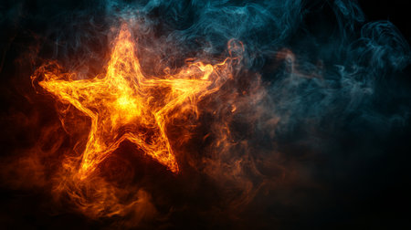 A bright star glows in the center, casting a warm golden light. Surrounding it is a mesmerizing blue cosmic mist with twinkling particles, creating an enchanting atmosphere.の素材