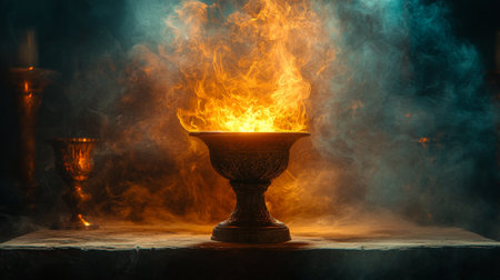 A chalice filled with intense flames sits atop a table, casting a warm glow amidst swirling smoke in an atmospheric mysterious location.の素材