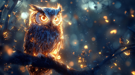 A majestic owl sits on a snow-covered branch, its vibrant orange eyes glowing against the twilight sky. Snow blankets the tree, creating a serene winter atmosphere.の素材