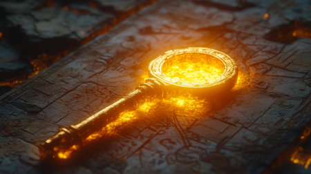 A golden key with intricate designs rests on an ancient stone surface illuminated by glowing inscriptions. The dark background enhances the key's enchanting appearance, evoking mystery.の素材