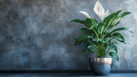 A lush green tropical plant with white flowers stands elegantly in a sleek pot, set against a textured gray wall, adding a touch of nature to the modern space.の素材