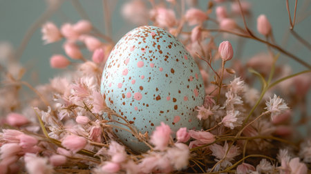 A speckled egg rests gently among small, pale flowers, showing its smooth texture. The warm light enhances the serene and tranquil atmosphere of the arrangement.の素材