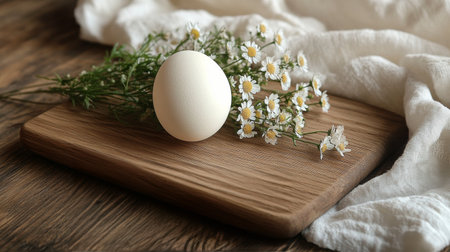 A simple features composition of a fresh white egg resting on a weathered wooden board, complemented by white flowers and green herbs arranged artistically around it.の素材