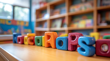 Brightly colored plastic letters are scattered on a wooden desk beside a cup of pencils and sketchbooks. Sunlight streams through windows, creating a warm atmosphere for creativity.の素材