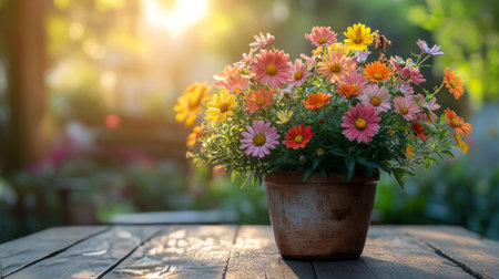 A vibrant pot filled with blooming daisies and other flowers sits on a rustic wooden table. The warm sunlight enhances the colors, creating a serene garden atmosphere.の素材