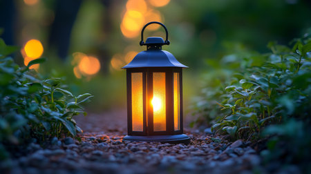 Lantern casts a warm light on a stone pathway surrounded by lush greenery during a serene sunset, creating a tranquil atmosphere perfect for evening strolls.の素材