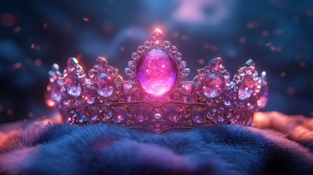 A beautifully crafted crown featuring dazzling blue jewels and intricate designs rests on a plush surface. Soft natural light highlights the sparkling details and surrounding greenery.の素材
