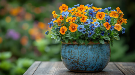 A vibrant pot filled with blooming daisies and other flowers sits on a rustic wooden table. The warm sunlight enhances the colors, creating a serene garden atmosphere.の素材