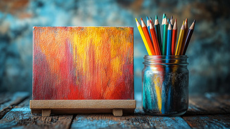A vibrant canvas showcasing warm colors rests on a wooden easel. Nearby, a glass jar filled with assorted colored pencils adds to the artistic atmosphere.の素材