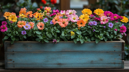 A wooden planter overflowing with an array of colorful flowers, showing vibrant shades of pink, orange, purple, and yellow. The planter adds charm to any outdoor space.の素材