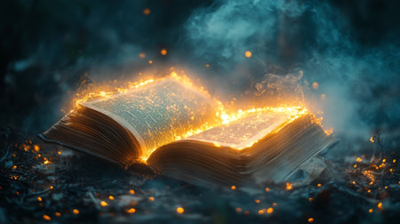 A captivating ancient book lies open on a wooden surface, radiating an enchanting glow and sparks in a dimly lit environment, evoking a sense of magic and wonder.の素材