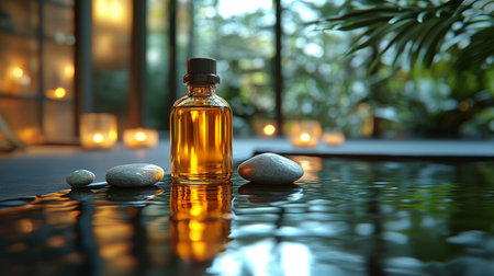 An essential oil bottle rests on smooth stones beside a serene water surface, illuminated by soft candlelight in a tranquil environment.の素材