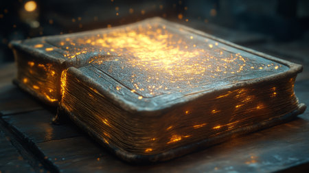 A captivating ancient book lies open on a wooden surface, radiating an enchanting glow and sparks in a dimly lit environment, evoking a sense of magic and wonder.の素材