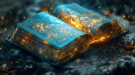 A captivating ancient book lies open on a wooden surface, radiating an enchanting glow and sparks in a dimly lit environment, evoking a sense of magic and wonder.の素材