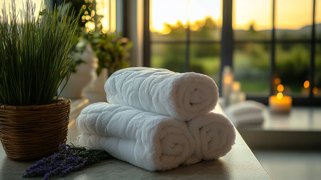 A calming spa area features neatly rolled white towels stacked on a surface with soft lighting from candles and a view of nature at sunset, promoting relaxation and tranquility.の素材
