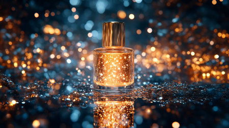 A golden perfume bottle stands elegantly on a polished black surface. The modern decor features soft lighting that enhances the luxurious ambiance of the space.の素材