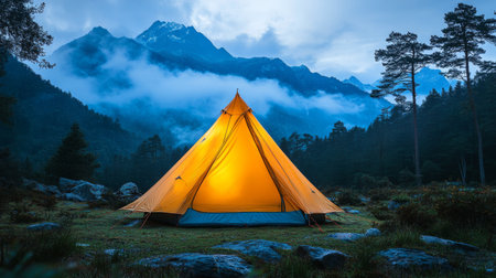 A bright yellow tent stands illuminated in a tranquil mountain setting, surrounded by mist and stone, as the day transitions to night.の素材