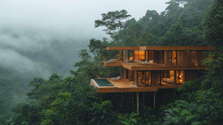 A contemporary wooden home stands elevated on stilts amidst dense rainforest. Its large windows showcase cozy interiors, blending modern design with nature.の素材