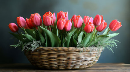 A vibrant pink tulip stands tall among lush green leaves in a stylish woven basket against a dark backdrop, creating a striking home decor piece.の素材