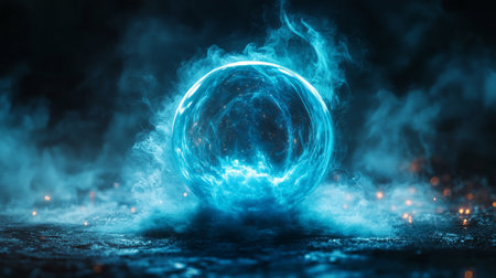 A luminous blue orb emits light as it floats in a dark, misty atmosphere. Wisps of glowing smoke swirl around it, creating a mystical ambiance during nighttime.の素材