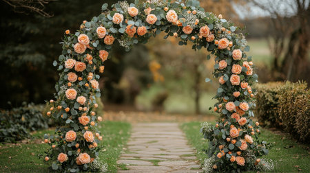 A beautiful floral archway, covered in vibrant roses and lush greenery, welcomes visitors in a tranquil garden. The sky is overcast, enhancing the peaceful atmosphere.の素材