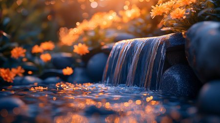 A tranquil garden fountain flows gently as the sun sets, casting a warm glow on vibrant flowers and the surrounding landscape. Water sparkles in the evening light.の素材