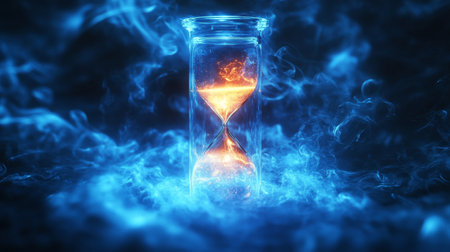 An hourglass filled with glowing orange sand sits at the center of swirling blue smoke, creating a mystical atmosphere that captures the essence of time flowing.の素材