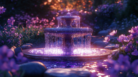 A tranquil garden fountain flows gently as the sun sets, casting a warm glow on vibrant flowers and the surrounding landscape. Water sparkles in the evening light.の素材