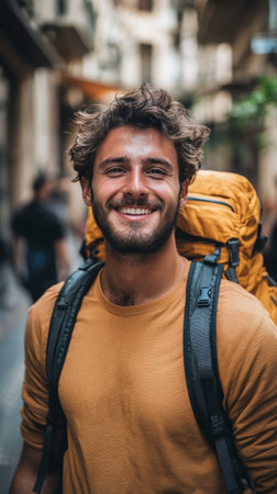 A young man with curly hair and a backpack smiles brightly as he strolls through a bustling city street in the early evening. The surroundings are lively with warm lights.の素材