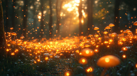 A vibrant forest pathway is lined with luminous mushrooms glowing orange as the sun sets, casting a magical atmosphere filled with soft light and natural beauty.の素材