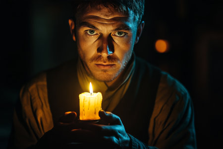 A man sits in a softly lit space, holding a glowing candle. His focused expression conveys calmness. Gentle light creates an intimate ambiance with warm tones throughout.の素材