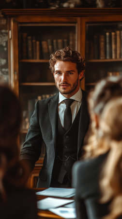 A man in formal attire stands confidently while addressing an audience in a classic library filled with books. The atmosphere is focused and intellectual, highlighting his leadership.の素材