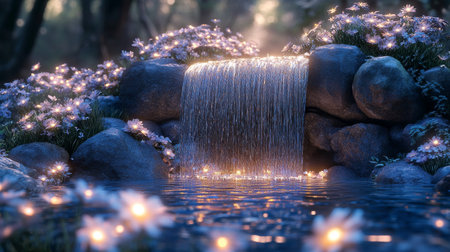 A tranquil garden fountain flows gently as the sun sets, casting a warm glow on vibrant flowers and the surrounding landscape. Water sparkles in the evening light.の素材