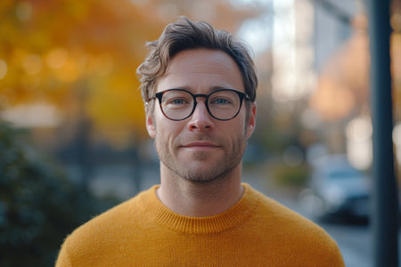 A young man with tousled hair and glasses gazes thoughtfully into the distance amidst a backdrop of vibrant autumn foliage. The warm sun highlights the beauty of the day.の素材