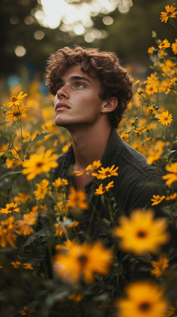 A person strolls through a vibrant field filled with yellow flowers under a bright sky with scattered clouds, enjoying nature's beauty. The setting is serene and picturesque.の素材