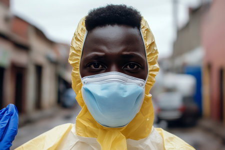A healthcare professional adjusts their protective glasses while wearing a face mask and gloves, demonstrating readiness for safe patient care in a clinical setting.の素材