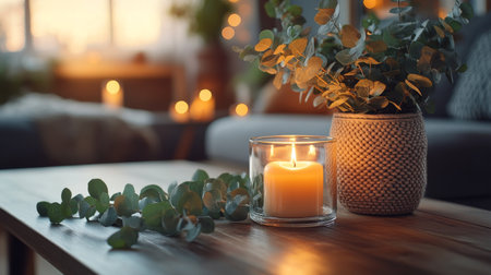 A warm and inviting living space features a glowing candle alongside a vase of eucalyptus, surrounded by soft lighting and a relaxed ambiance in the evening.の素材