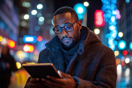 A young man sits outdoors, focused on his tablet while surrounded by a bustling city at night, illuminated by vibrant neon lights reflecting urban life.の素材