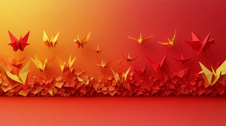 Vibrant paper butterflies soar among delicate flower arrangements, creating a stunning artistic display perfect for celebrations or decor.の素材