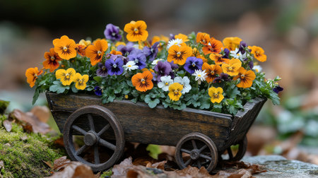 A wooden cart filled with vibrant pansy flowers in shades of yellow, purple, and white sits in a lush garden. The cheerful display enhances the outdoor atmosphere.の素材