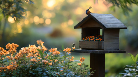 A small bird sits quietly on a wooden feeder, surrounded by vibrant autumn leaves and a peaceful garden at sunset, creating a tranquil atmosphere.の素材