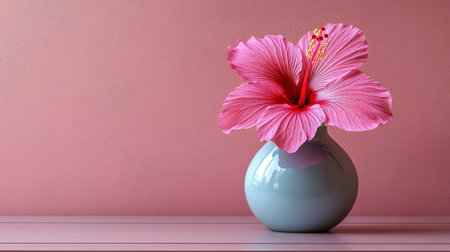 A vibrant orange hibiscus flower stands proudly in a teal vase, surrounded by fresh green leaves. The rustic wooden table offers a warm backdrop for this cheerful display.の素材