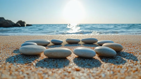 Smooth stones of various sizes and colors are arranged in a circular pattern on dark sand, creating an artistic display of nature's textures and colors.の素材