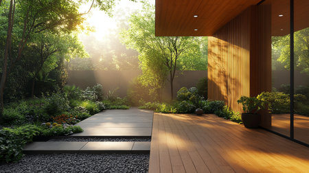 Morning light filters through trees, illuminating a modern garden adorned with wooden features and vibrant plants. A tranquil atmosphere invites relaxation and reflection.の素材
