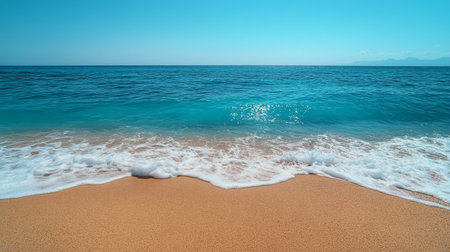 Gentle ocean waves wash onto a smooth sandy beach while the bright blue sky reflects off the tranquil turquoise water. A peaceful seaside scene invites relaxation and calm.の素材