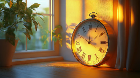 A person stands in a tranquil lobby, looking at a clock on the wall. The warm lighting creates a peaceful atmosphere as another individual moves in the background.の素材