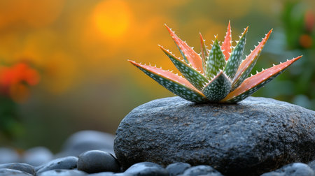 A smooth, rounded stone sits on a reflective surface. A small green plant with pointed leaves emerges from the top, creating a serene and calming atmosphere.の素材
