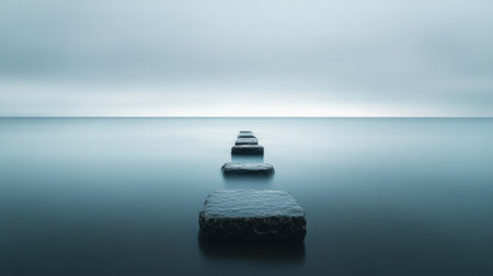 Smooth stones rest on the sea floor while clear water reflects the bright sky. Gentle waves lap against the shore, creating a peaceful seaside atmosphere.の素材