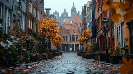 Cobblestone street reflects warm light from lanterns while rain falls on colorful flowers. A historic dome peeks through the mist of a quiet evening, creating a romantic atmosphere.の素材